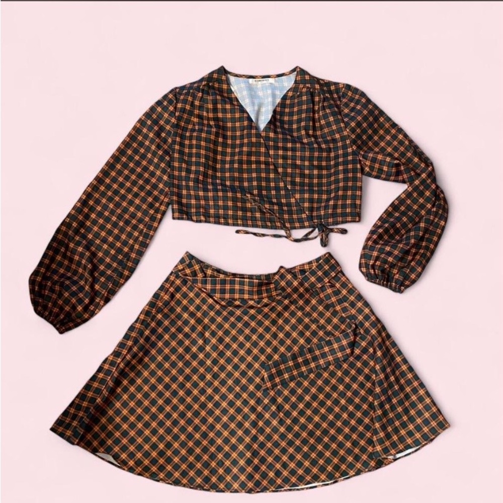 ASOS Black & Orange Plaid Wrap Crop Top and Skirt Set
